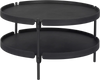 Black 2-tier round coffee table with a sturdy plastic frame and lower shelf for versatile living room storage.