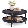 Round black coffee table featuring a sleek design and upper surface, ideal for modern living room essentials and decor.