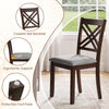 Brown wooden dining chair with ergonomic crossed slat backrest and padded linen seat, ideal for kitchen use.