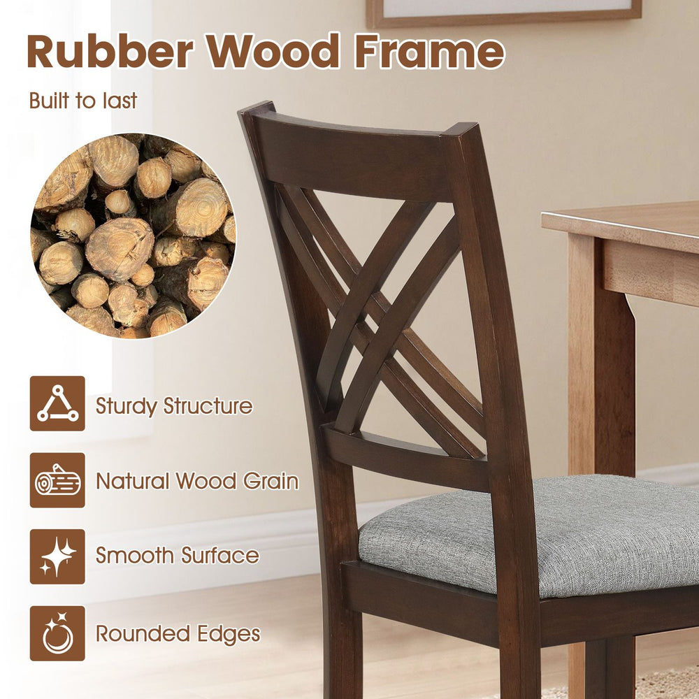 Brown wooden dining chair with rubber wood frame, padded linen seat, and ergonomic backrest for kitchen use.