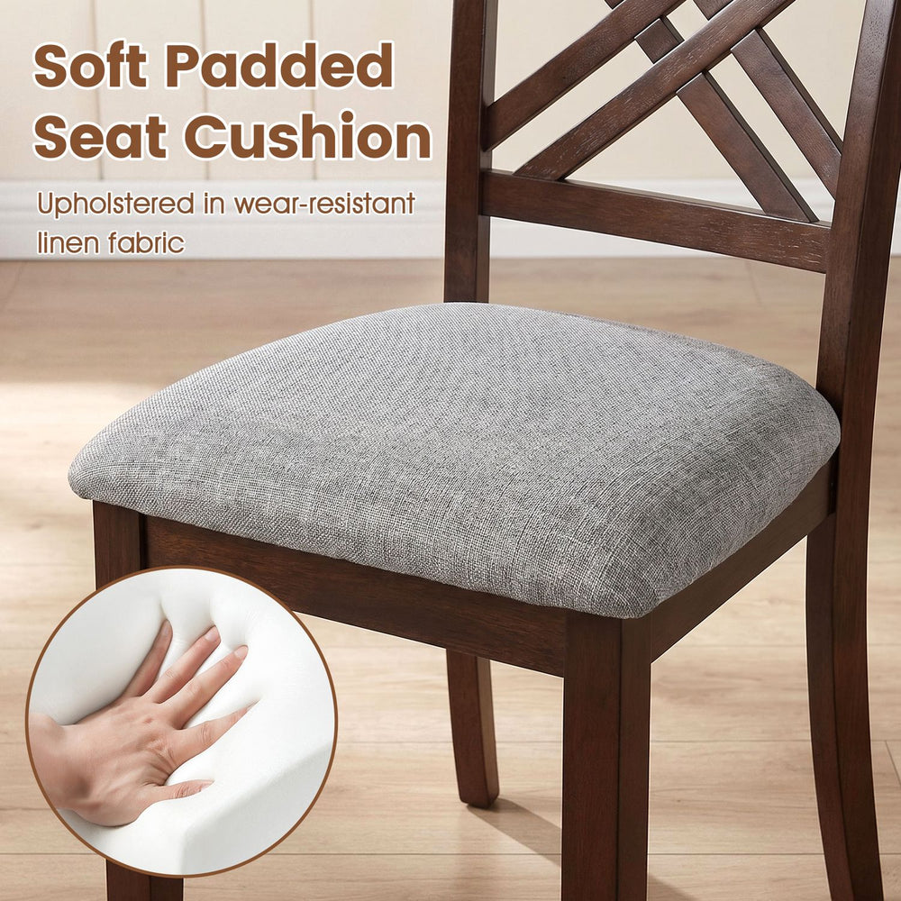 Soft padded seat cushion upholstered in wear-resistant linen fabric for comfort on a sturdy brown rubber wood dining chair.