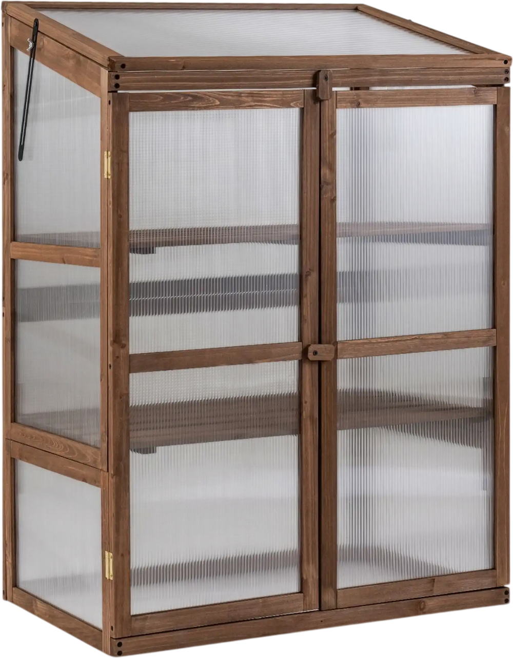 Fir wood greenhouse cabinet with transparent flip-top roof and two doors, ideal for protecting plants outdoors.