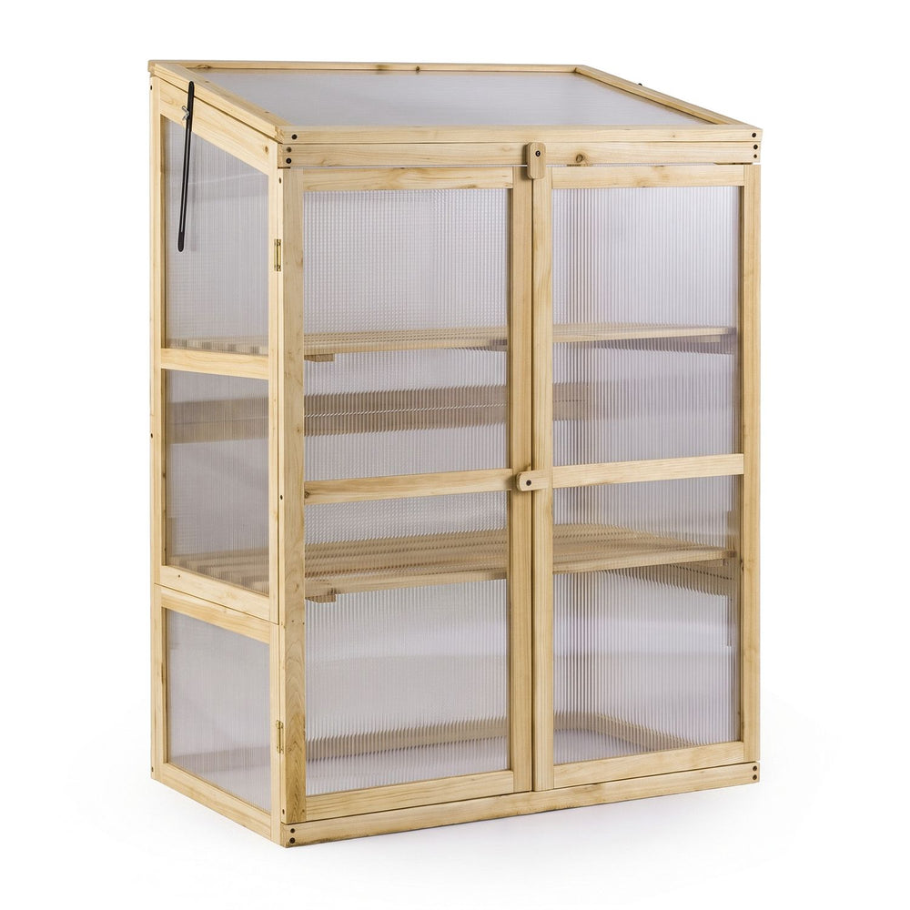 Fir Wood Greenhouse Cabinet with Transparent Flip-Top Roof and 2-Door Plants Shelf Protection-Natural - Gallery View 1 of 1