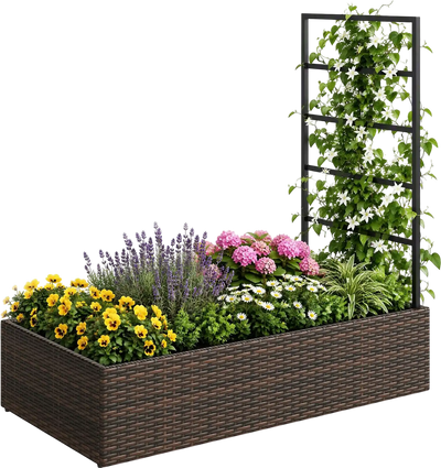 Costway Rattan Raised Garden Bed Trellis Open-Ended Base 16635489 New