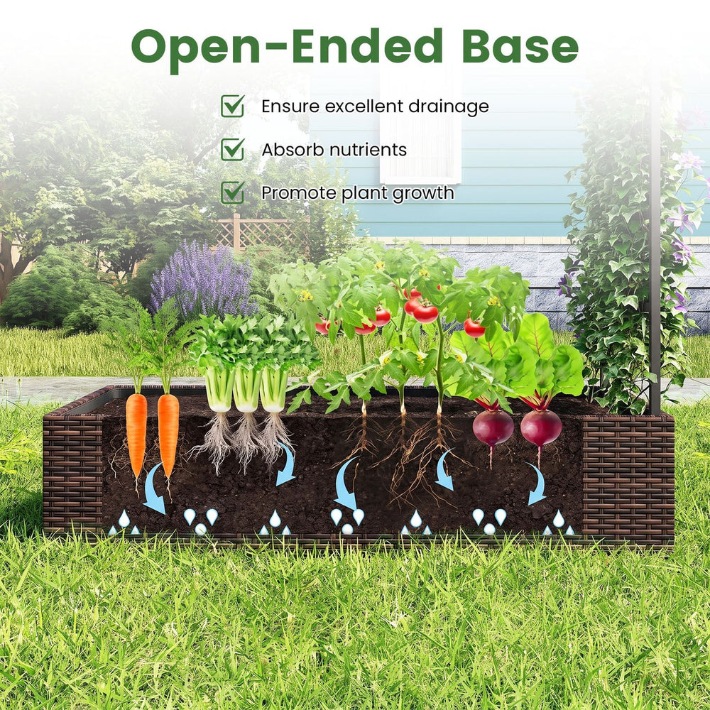 Rattan raised garden bed with trellis features an open-ended base for excellent drainage and nutrient absorption.