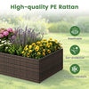 Rattan raised garden bed in brown features a vertical trellis and open-ended base, ideal for flowers and vegetables.