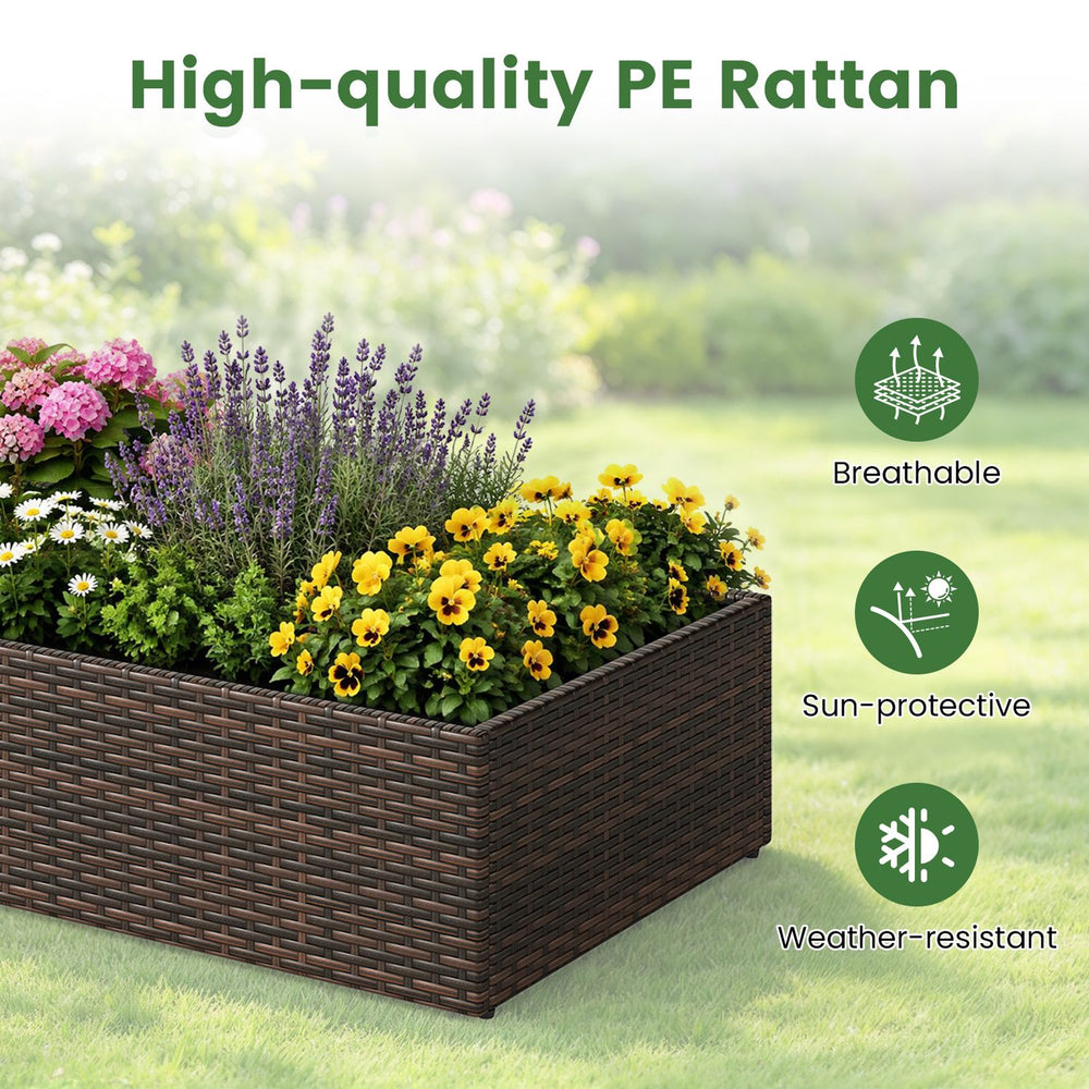 Rattan raised garden bed in brown features a vertical trellis and open-ended base, ideal for flowers and vegetables.
