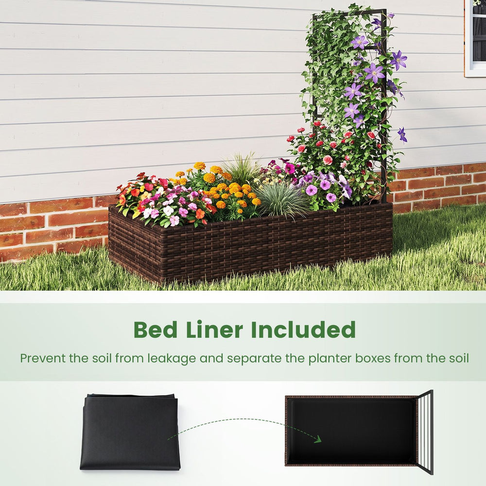 Rattan raised garden bed with trellis, featuring a large planting area and bed liner for excellent drainage and stability.