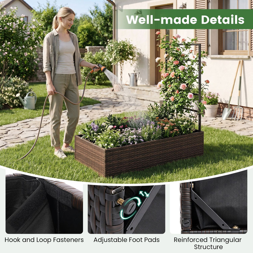 Rattan raised garden bed with trellis features adjustable foot pads and a reinforced structure for patio or balcony gardening.