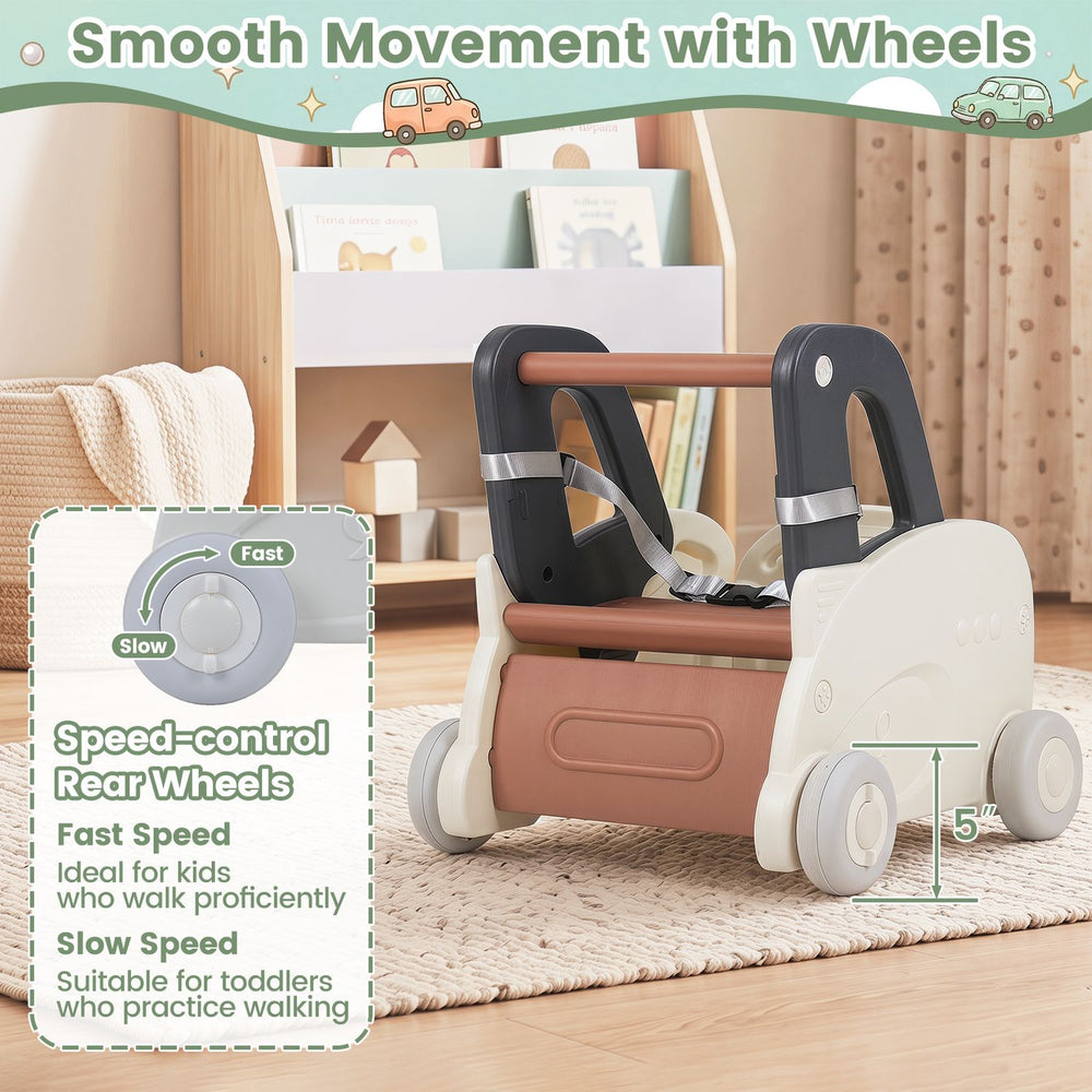 4-in-1 baby car shape toddler toy box with wheels features a flip-up seat, storage space, and adjustable speed for safe play.