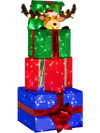Colorful stacked gift boxes with motorized reindeer and LED lights, perfect for indoor or outdoor holiday decoration.
