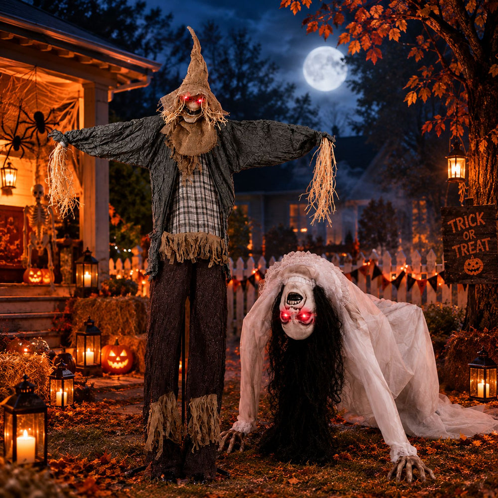 Standing scarecrow and crawling woman ghost with red LED eyes, perfect for Halloween yard decor and haunted houses.
