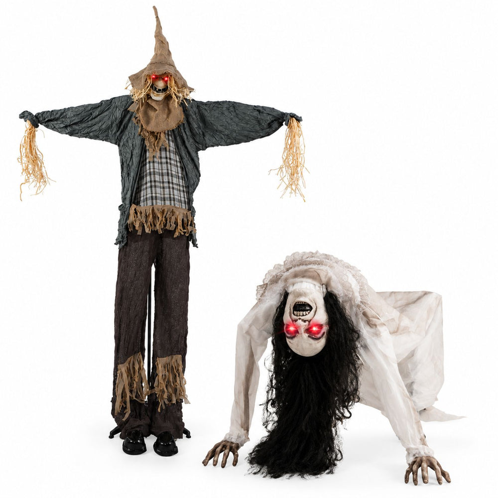 Standing scarecrow and crawling woman ghost with red LED eyes, perfect for Halloween party decor and haunted houses.