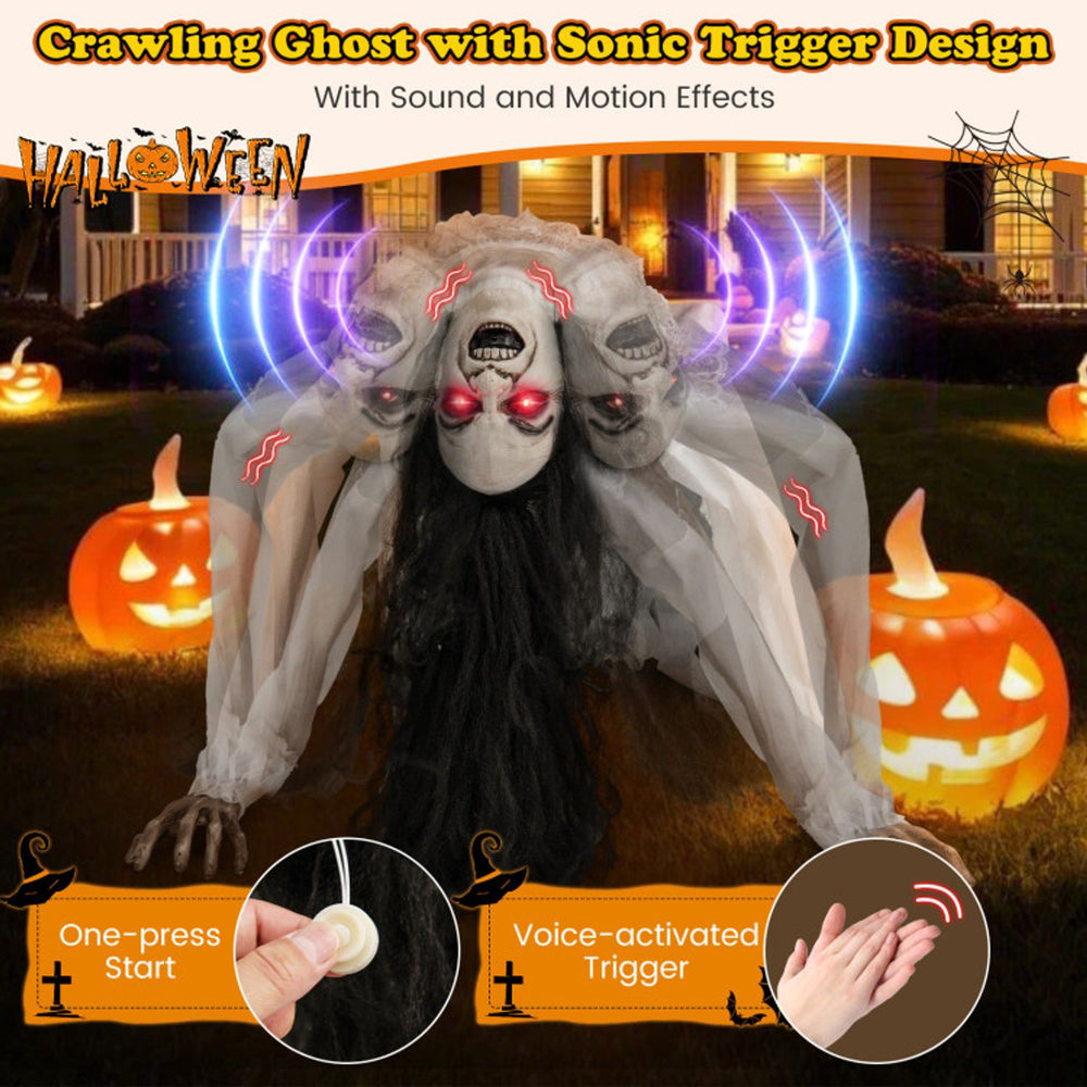 Crawling woman ghost with red LED eyes and sound effects, perfect for Halloween party and haunted house decor.