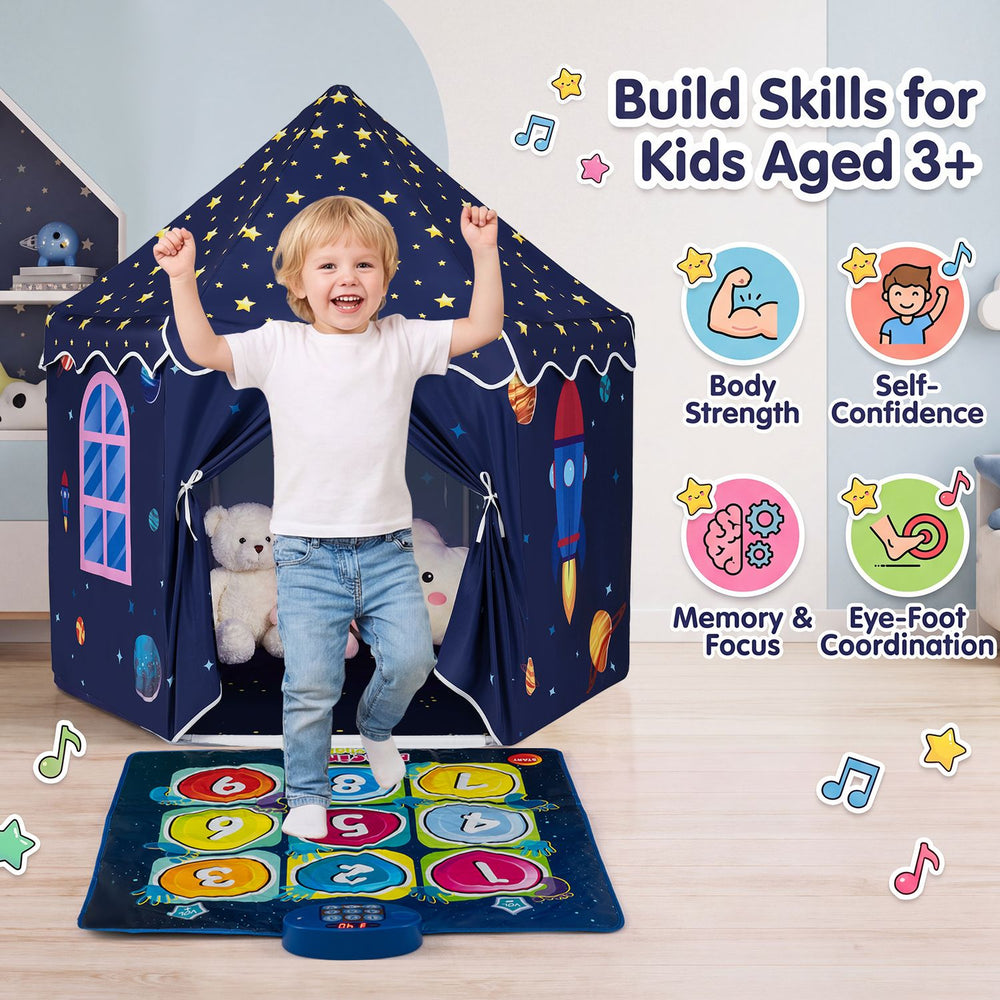 Indoor outdoor play tent with dancing mat for toddlers, featuring interactive games and LED lights for skill development.