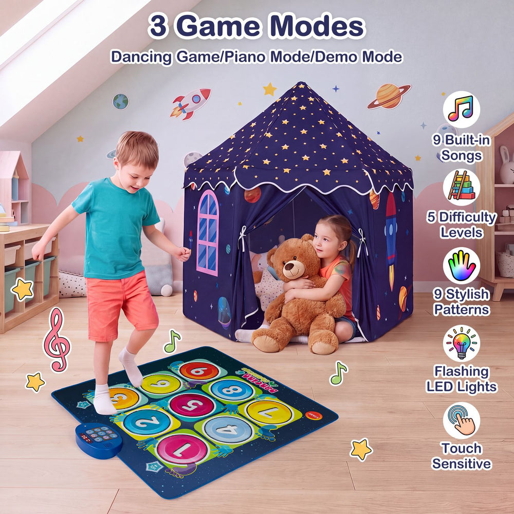 Indoor outdoor play tent with a dancing mat features 3 game modes, 9 songs, and LED lights for interactive fun.