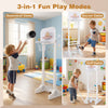 Toddler sports set featuring a 3-in-1 basketball hoop, soccer goal, and adjustable height for outdoor play fun.