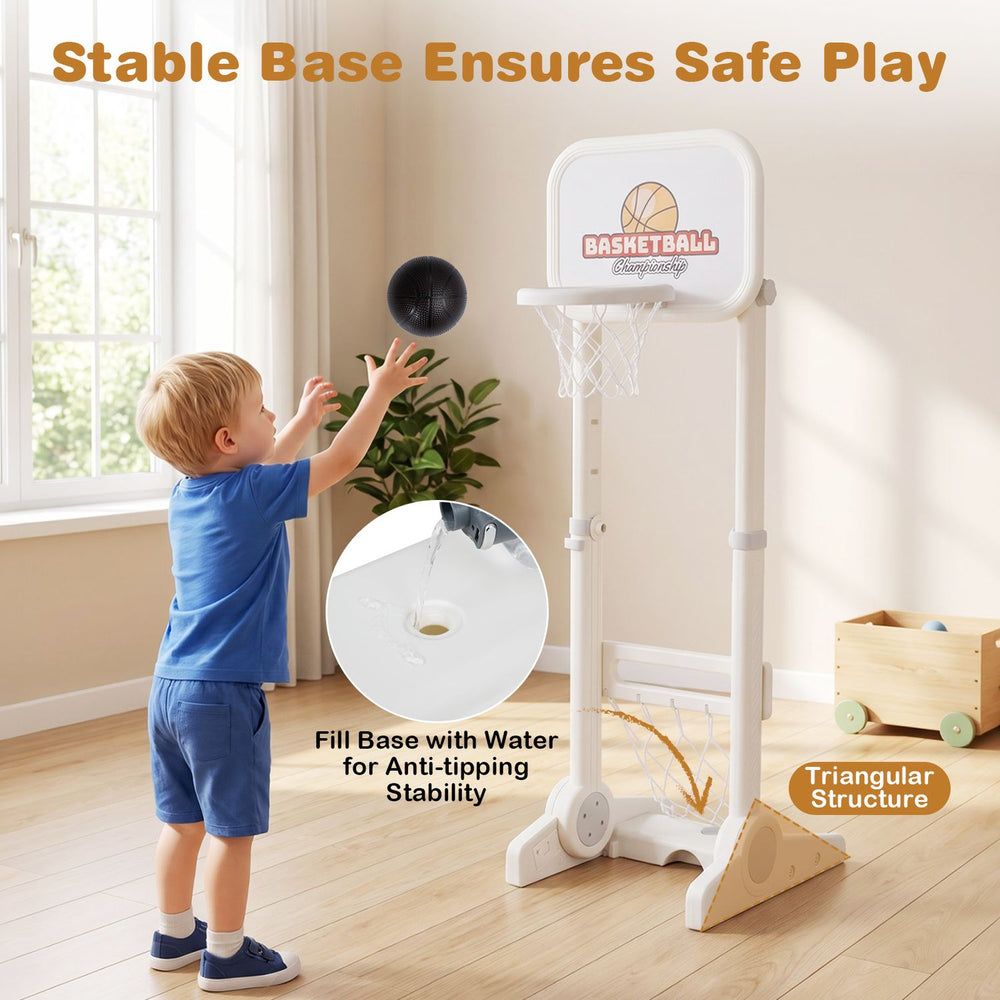 Toddler sports set featuring a 3-in-1 basketball hoop and soccer goal with a stable triangular base for outdoor play.