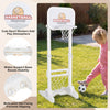 Detail shot of the toddler sports set's sturdy triangular base designed for stability during energetic outdoor play.