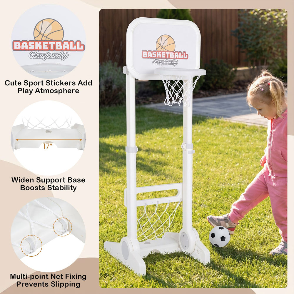 Close-up of the toddler sports set's basketball hoop with cute stickers and a multi-point net for engaging outdoor play.