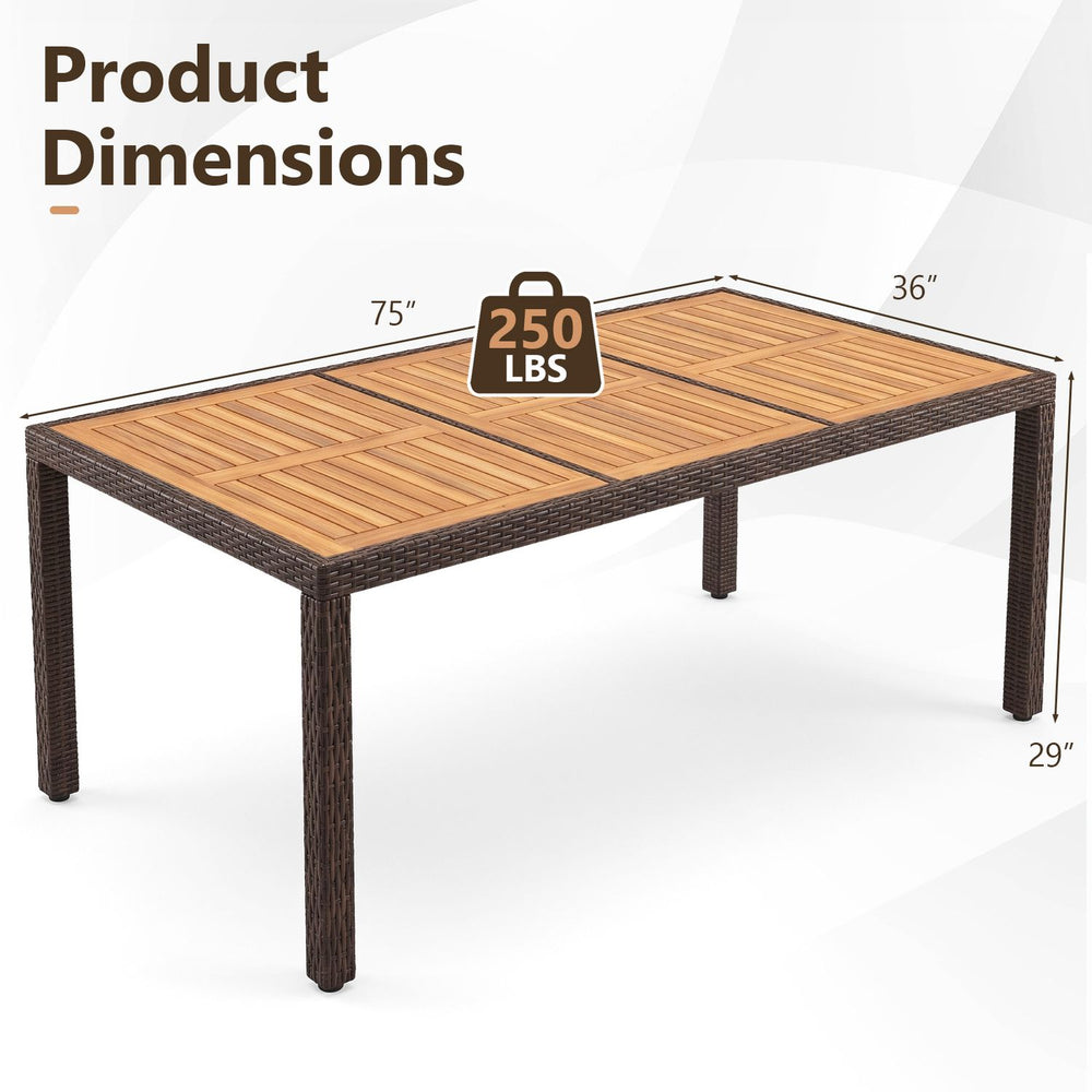 Acacia wood patio dining table measuring 75" x 36" x 29", designed for 8 people with a sturdy rattan frame.