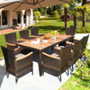 Rattan patio dining table with solid acacia wood for 8 people, featuring rounded edges and suitable for outdoor use.