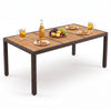 Rattan patio dining table with solid acacia wood surface, seating up to 8 people, perfect for outdoor gatherings.
