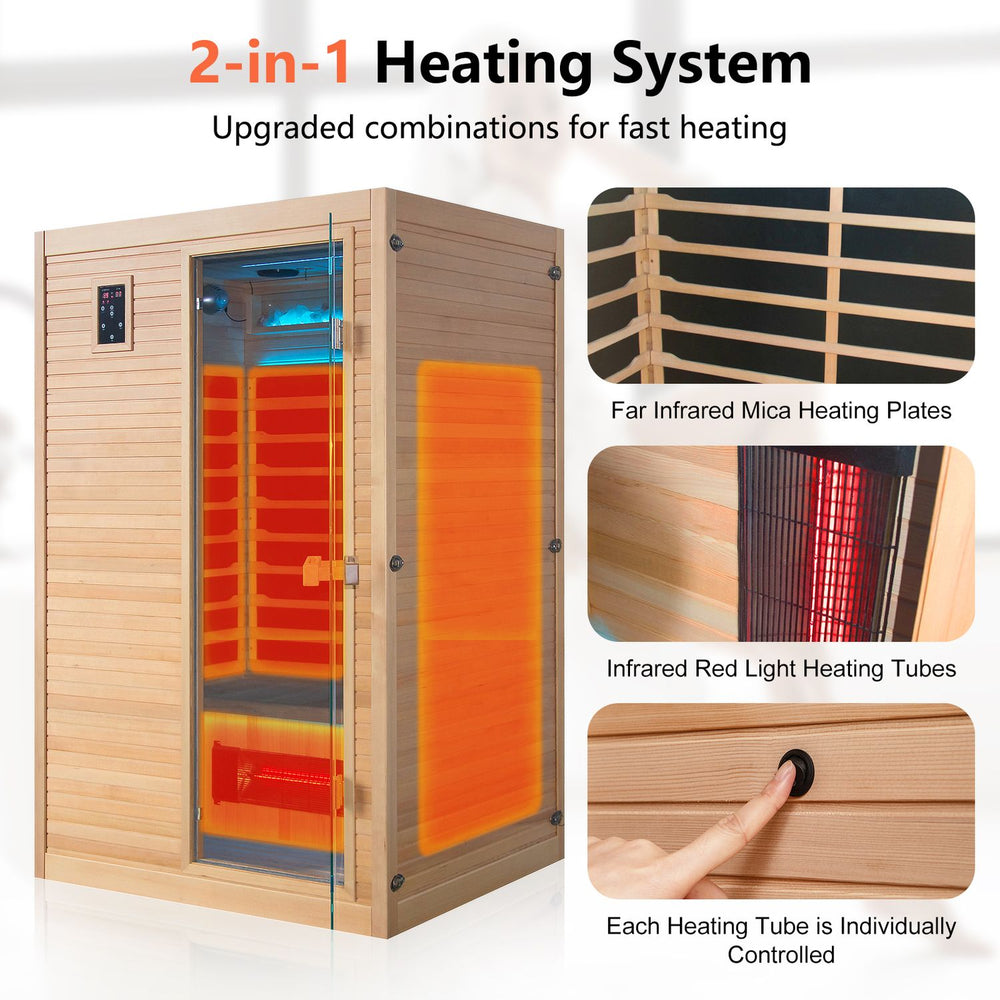 2-person far infrared wooden sauna room featuring a 2-in-1 heating system with mica panels and crystal tubes for effective therapy.