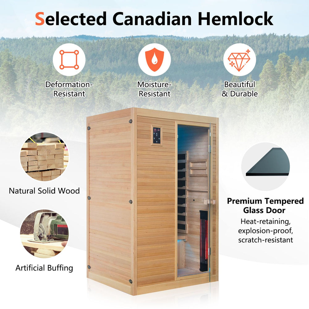 Far infrared wooden sauna room for 2, made of Canadian hemlock, featuring a tempered glass door and dual control panels.