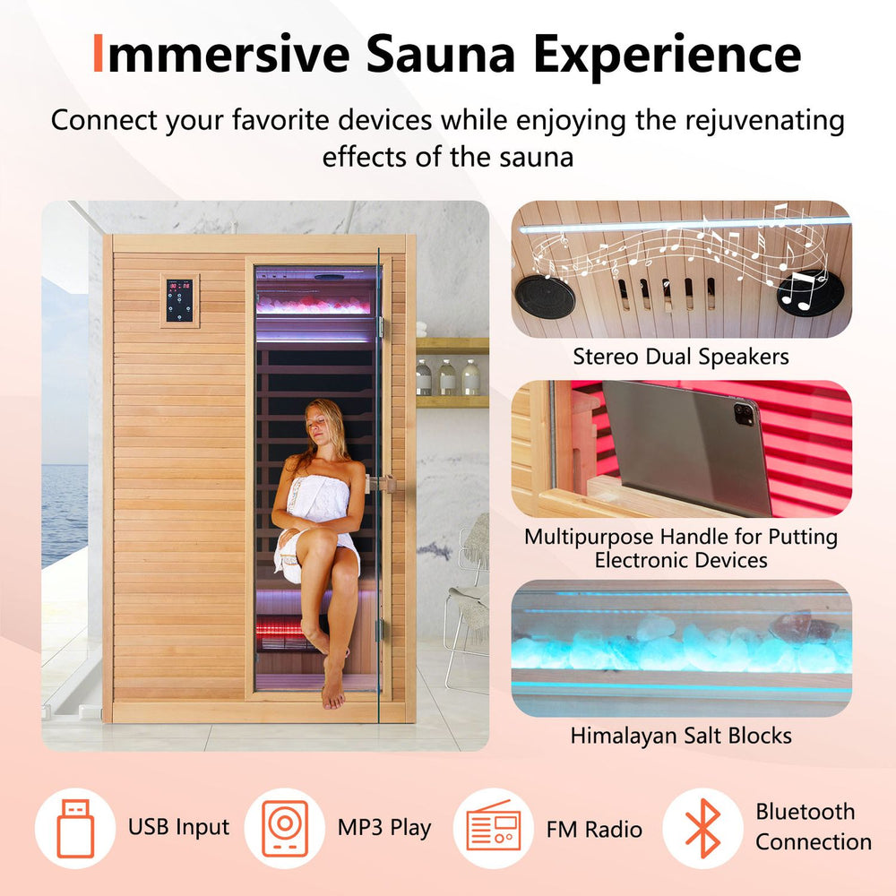 Far infrared wooden sauna room for 2 features dual speakers, Himalayan salt blocks, and a premium Canadian hemlock design.