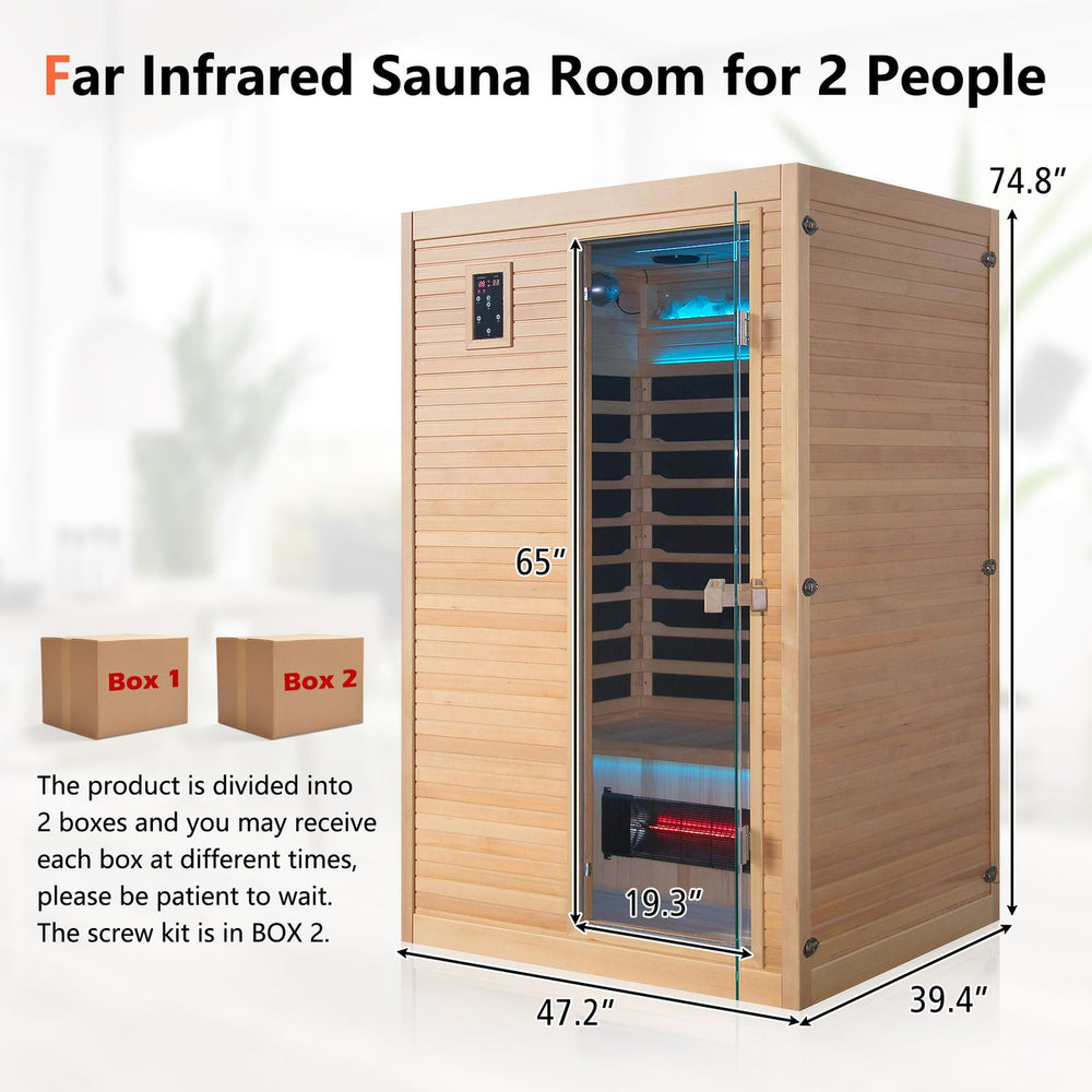 Far infrared sauna room for 2 people made of Canadian hemlock, featuring dual control panels and therapeutic heating.