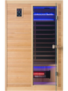 Far infrared wooden sauna room for 2 people with tempered glass door, dual control panels, and therapeutic red light therapy.