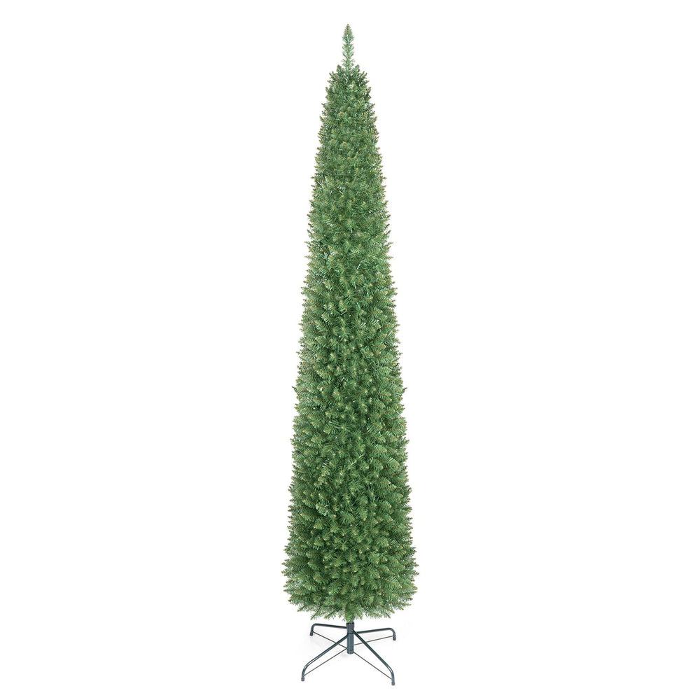 9-foot pre-lit pencil artificial Christmas tree with 1032 branch tips and 400 LED lights, ideal for small spaces.