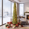 9-foot pre-lit pencil artificial Christmas tree with 1032 branch tips, adorned with 400 LED lights, ideal for small spaces.