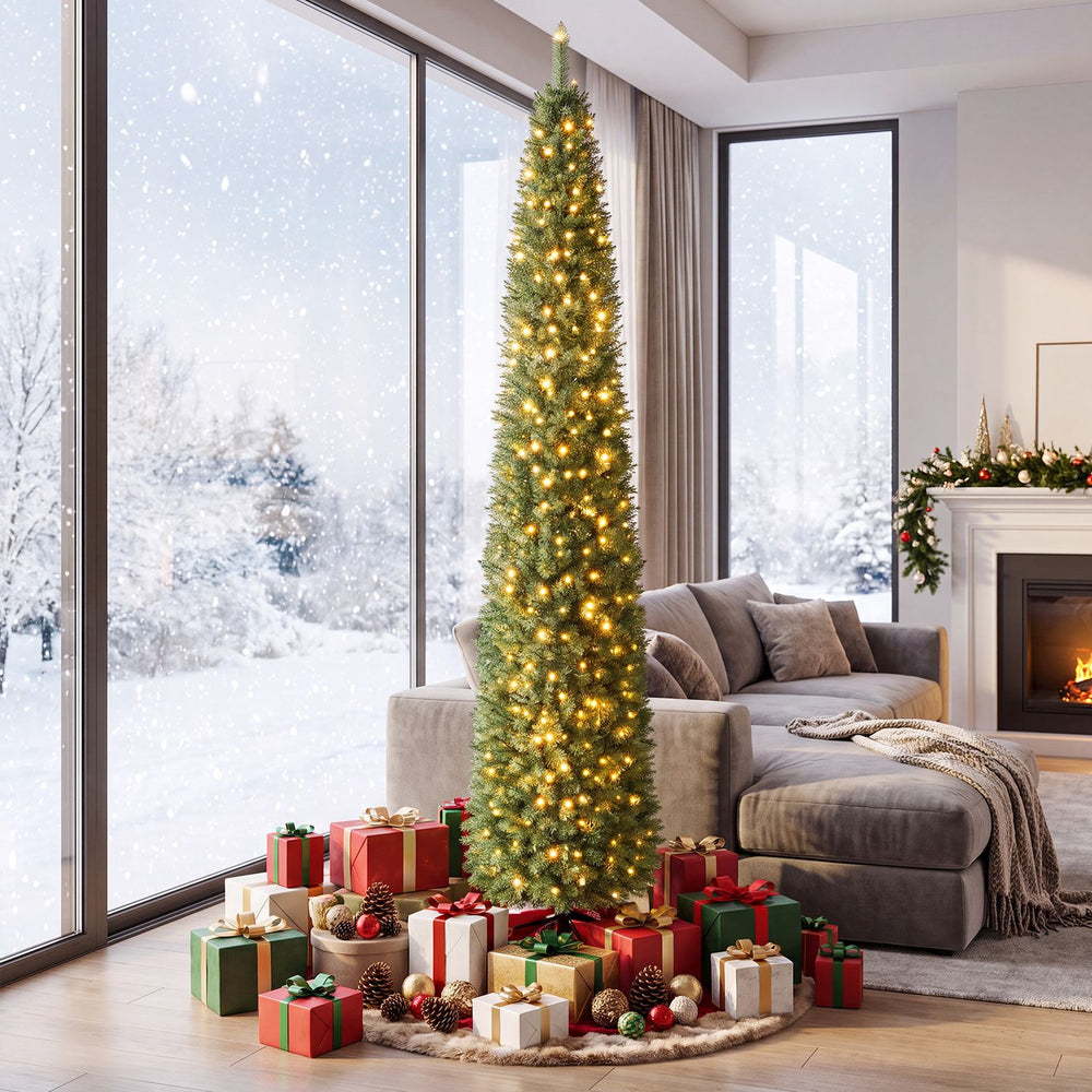 9-foot pre-lit pencil artificial Christmas tree with 1032 branch tips, adorned with 400 LED lights, ideal for small spaces.