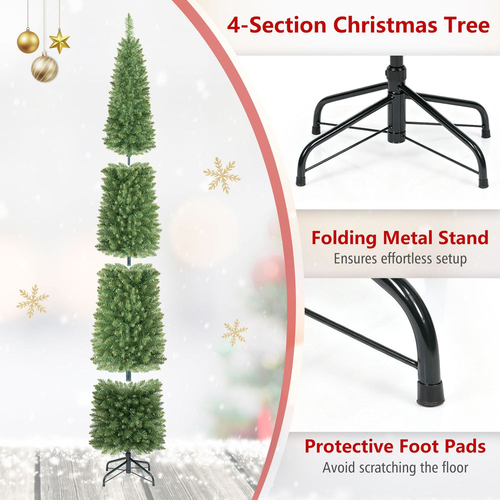 9 feet pre-lit pencil Christmas tree with 1032 branch tips and foldable metal stand, ideal for small spaces.