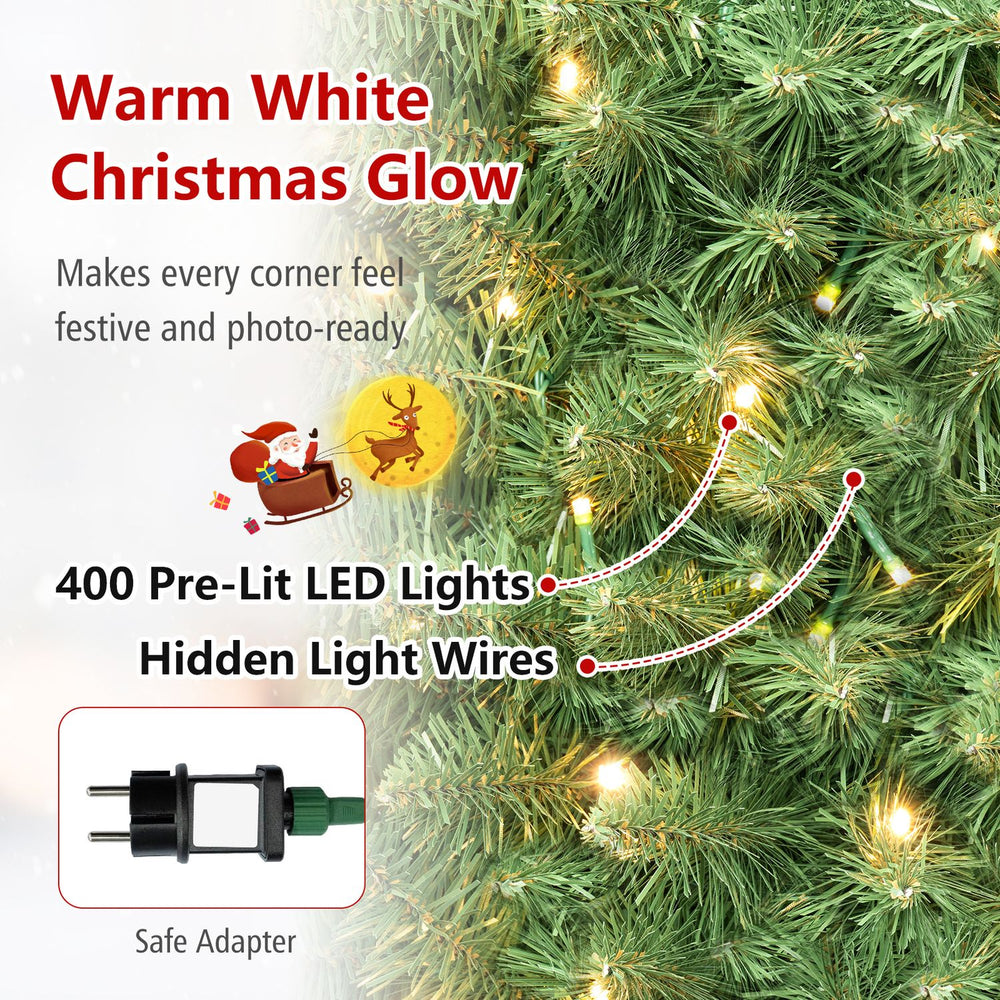 9 feet pre-lit pencil artificial Christmas tree with 400 warm LED lights and 1032 full branch tips for festive decor.