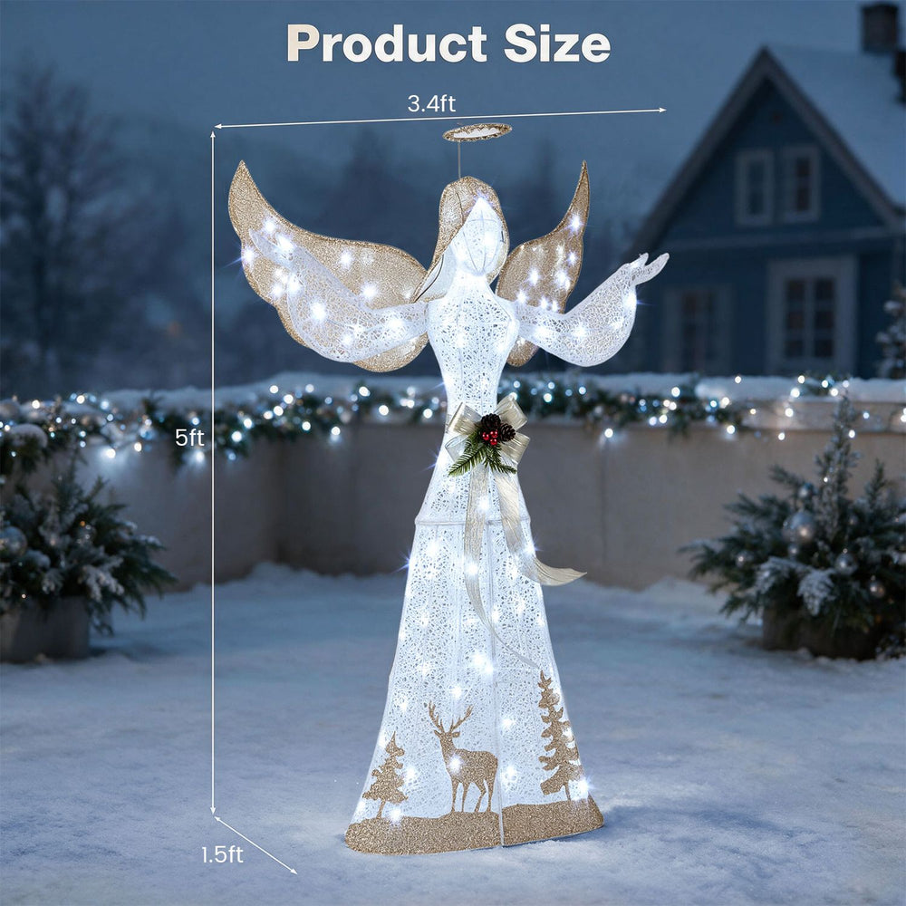 3D glittered Christmas angel standing 5 feet tall, adorned with 100 cold white lights and a golden bow for festive decor.