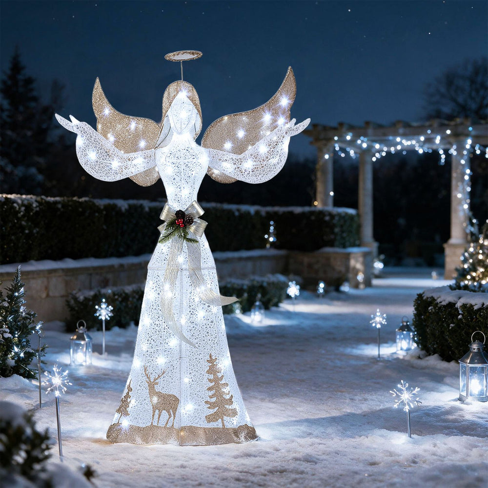 5-foot pre-lit 3D glittered Christmas angel showcases a stunning silhouette and 100 cold white lights for enchanting outdoor displays.