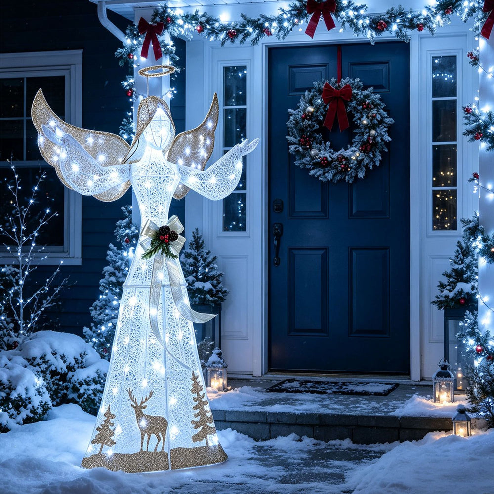 5-foot pre-lit 3D glittered Christmas angel adorned with 100 cold white lights, perfect for festive outdoor decoration.