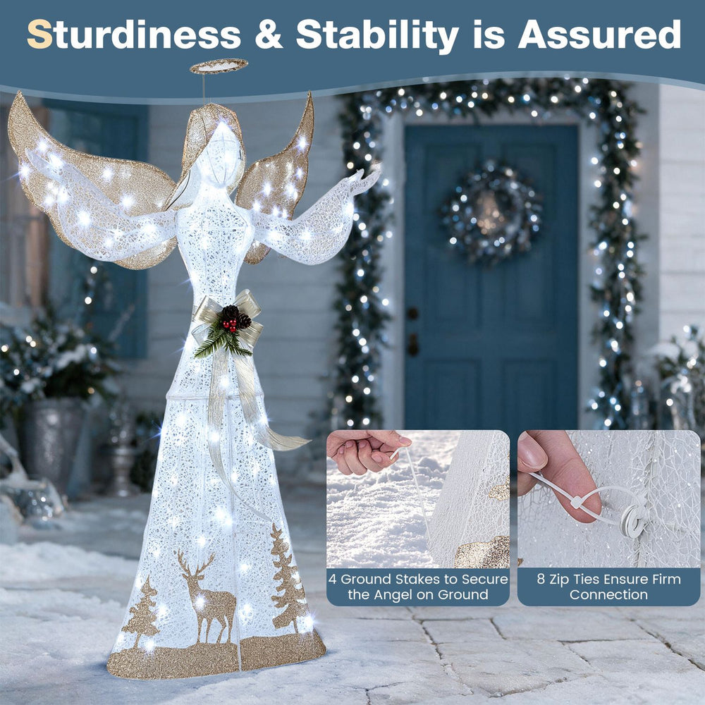 5-foot pre-lit 3D glittered Christmas angel features 100 cold white lights and a stunning silhouette pattern for festive décor.