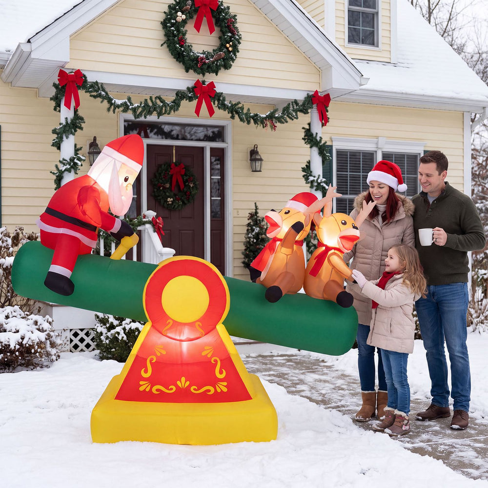 5.5 FT inflatable Christmas teeter totter decoration features Santa and reindeer with bright LED lights for festive outdoor charm.