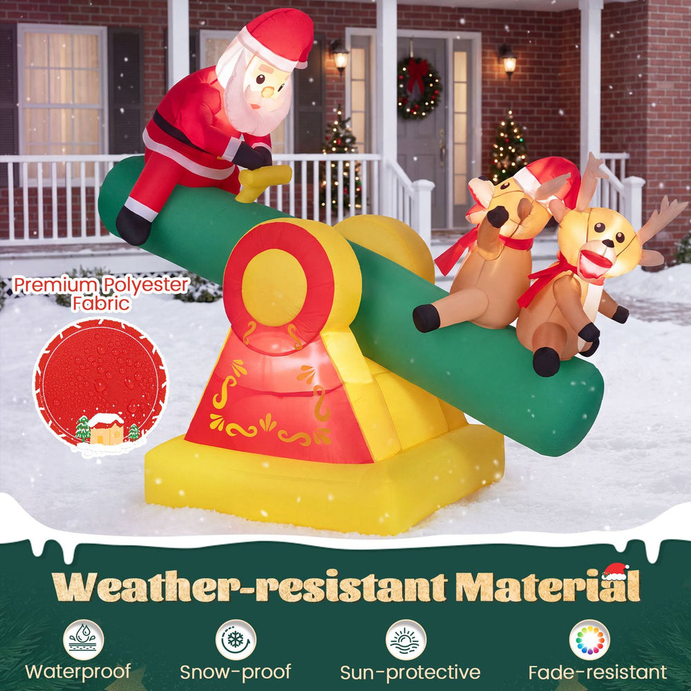 5.5 FT inflatable Christmas teeter-totter features Santa and reindeer with built-in LED lights for festive outdoor decor.