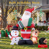 Inflatable Christmas decorations featuring Santa, a snowman, and a reindeer with built-in music for festive outdoor displays.