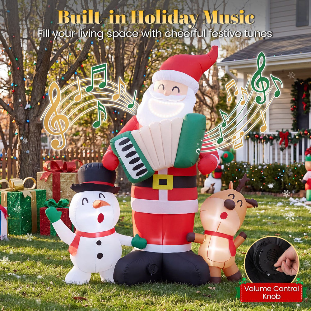 Inflatable Christmas decorations featuring Santa, a snowman, and a reindeer with built-in music for festive outdoor displays.