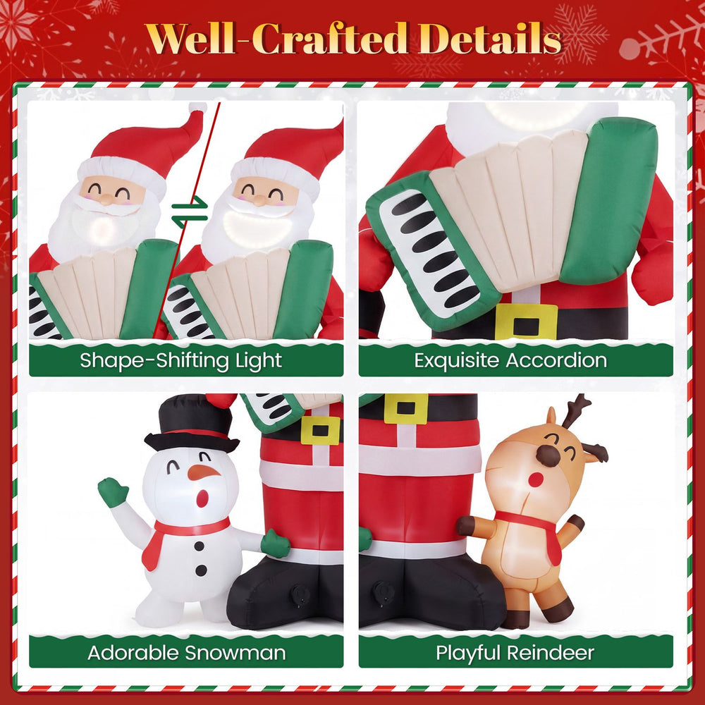 Inflatable Christmas decorations featuring Santa with accordion, snowman, and playful reindeer for festive lawn displays.