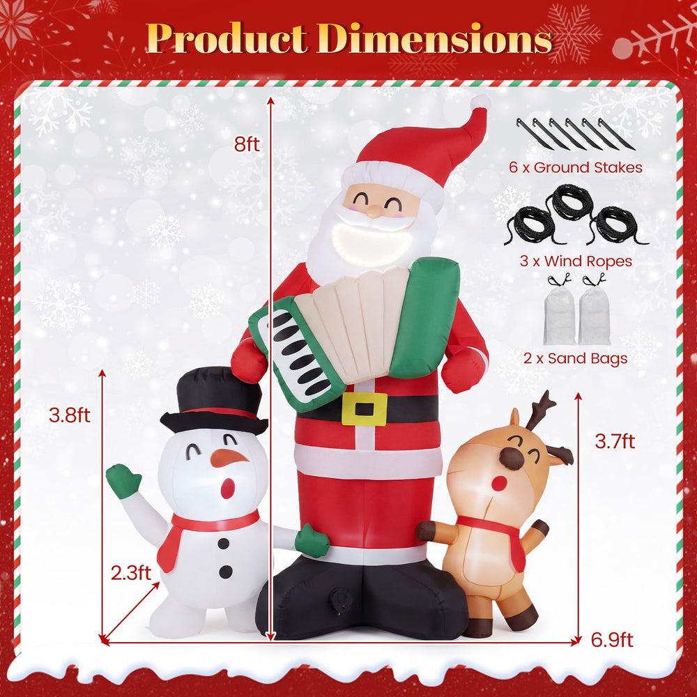 Inflatable 8 FT Christmas decorations featuring Santa, a snowman, and a reindeer with built-in music for festive outdoor fun.