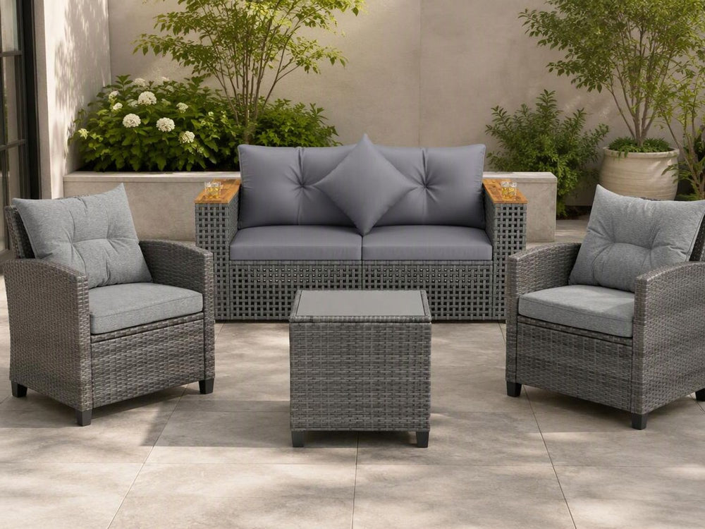 5-piece outdoor rattan sofa set with grey cushions, featuring a corner loveseat and coffee table for versatile seating.
