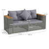 Corner loveseat from a 5-piece outdoor rattan sofa set with grey cushions and sturdy metal frame for versatile seating.