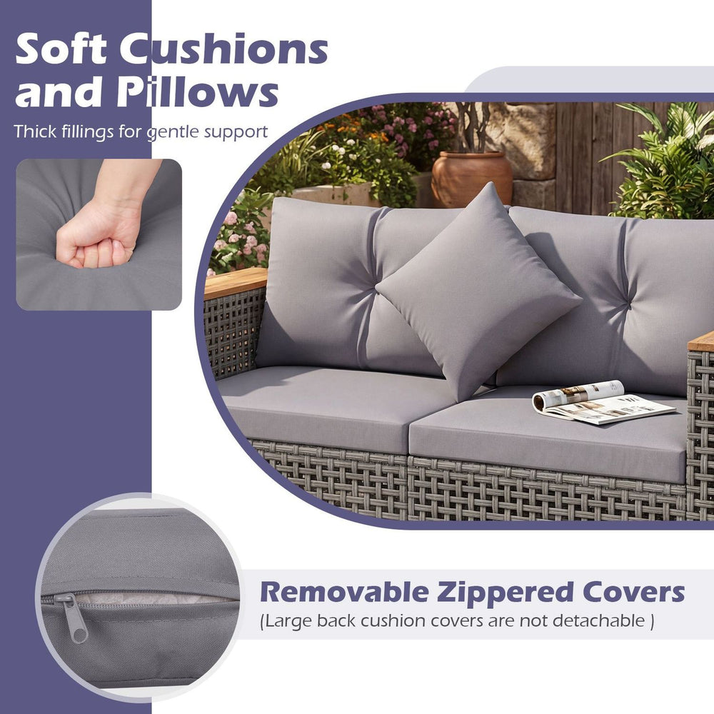 Soft grey cushions on the 5-piece outdoor rattan sofa set provide comfort and style for relaxing in your patio or garden.